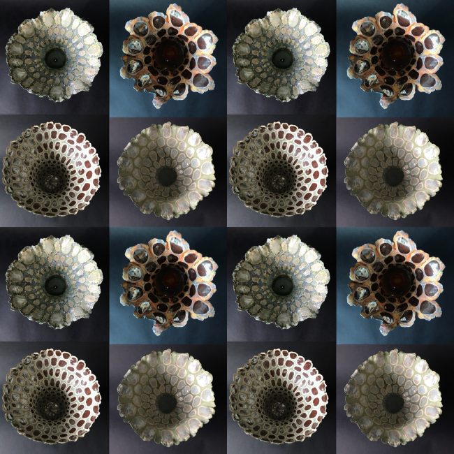 Keramiek kunst. Patroon uit bovenaanzichten schaalvormen. Aardewerk, binnenkant bewerkt met engobes, glazuren en glazuurpotlood.